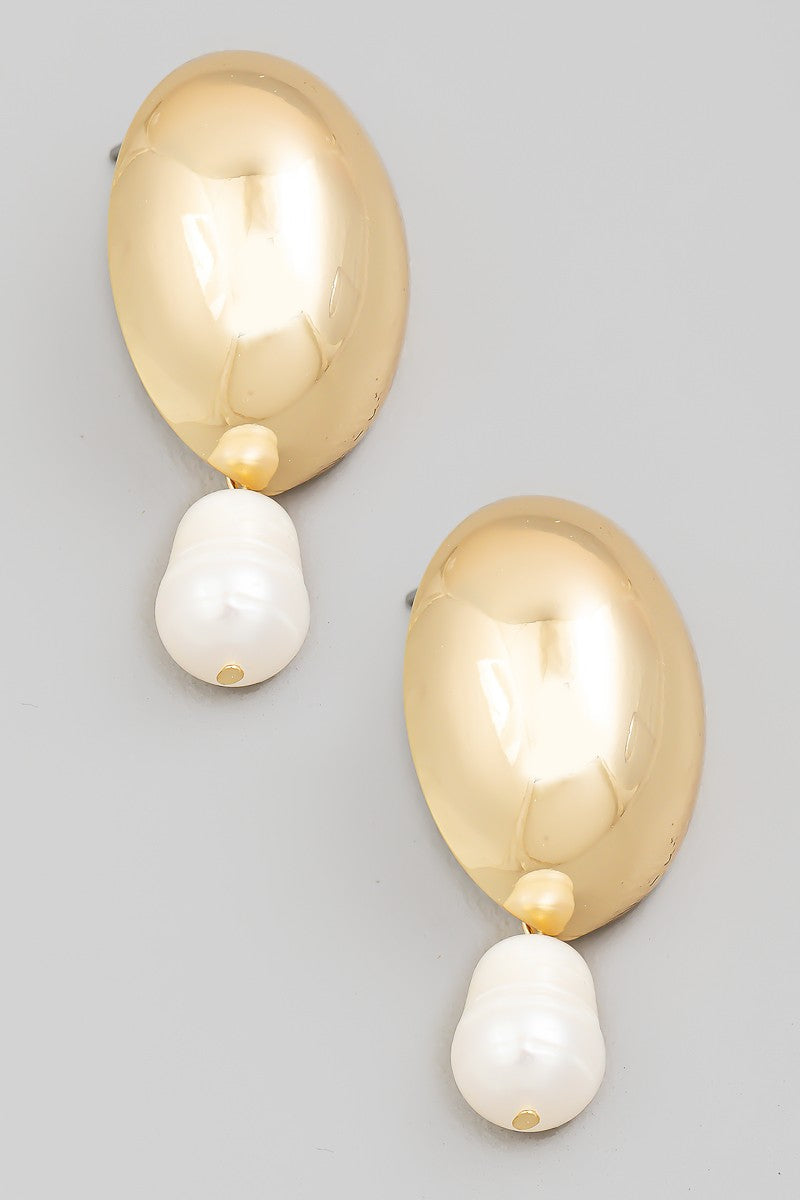 Oval Dome Pearl Drop Earrings - Gold