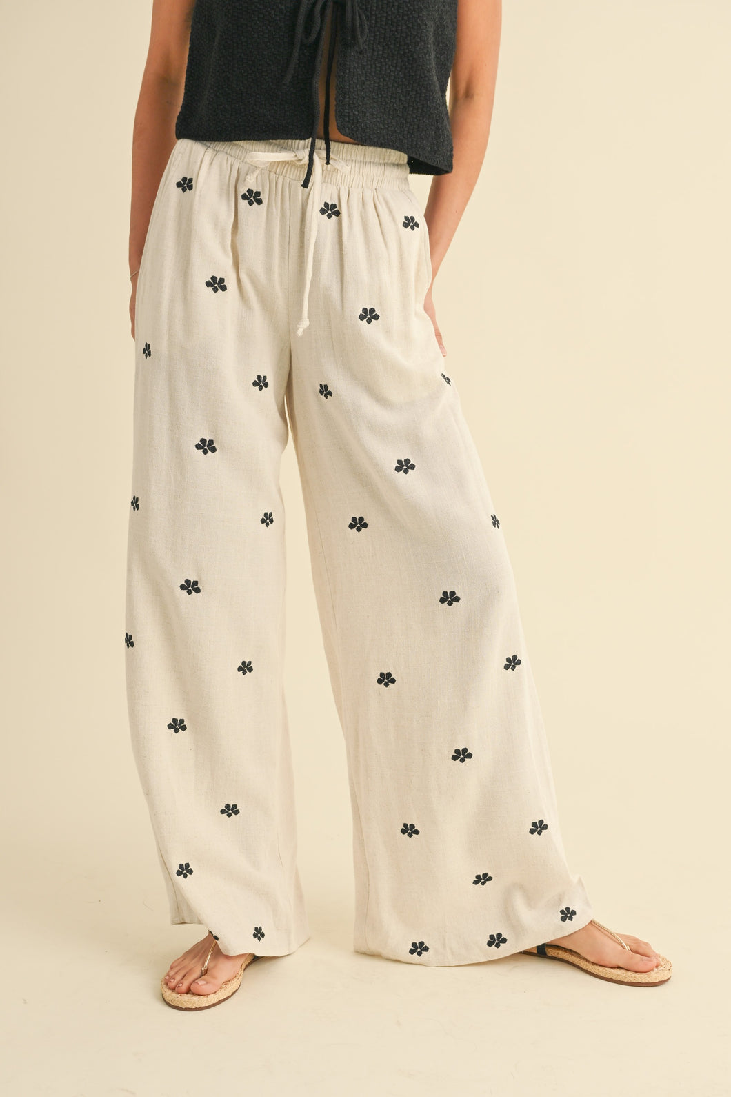 Floral Embroidered Linen Pants
