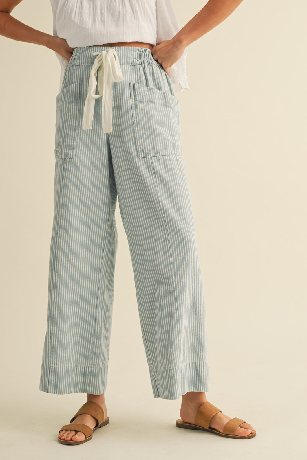 Drawstring Wide Leg Striped Denim Pants